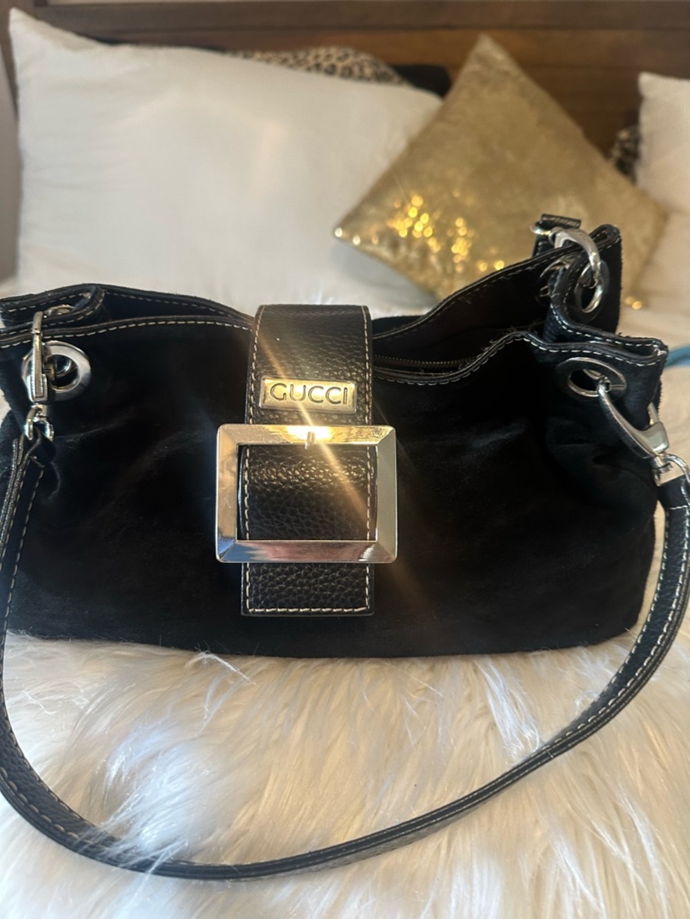 Black Suede Shoulder Bag with Silver Hardware